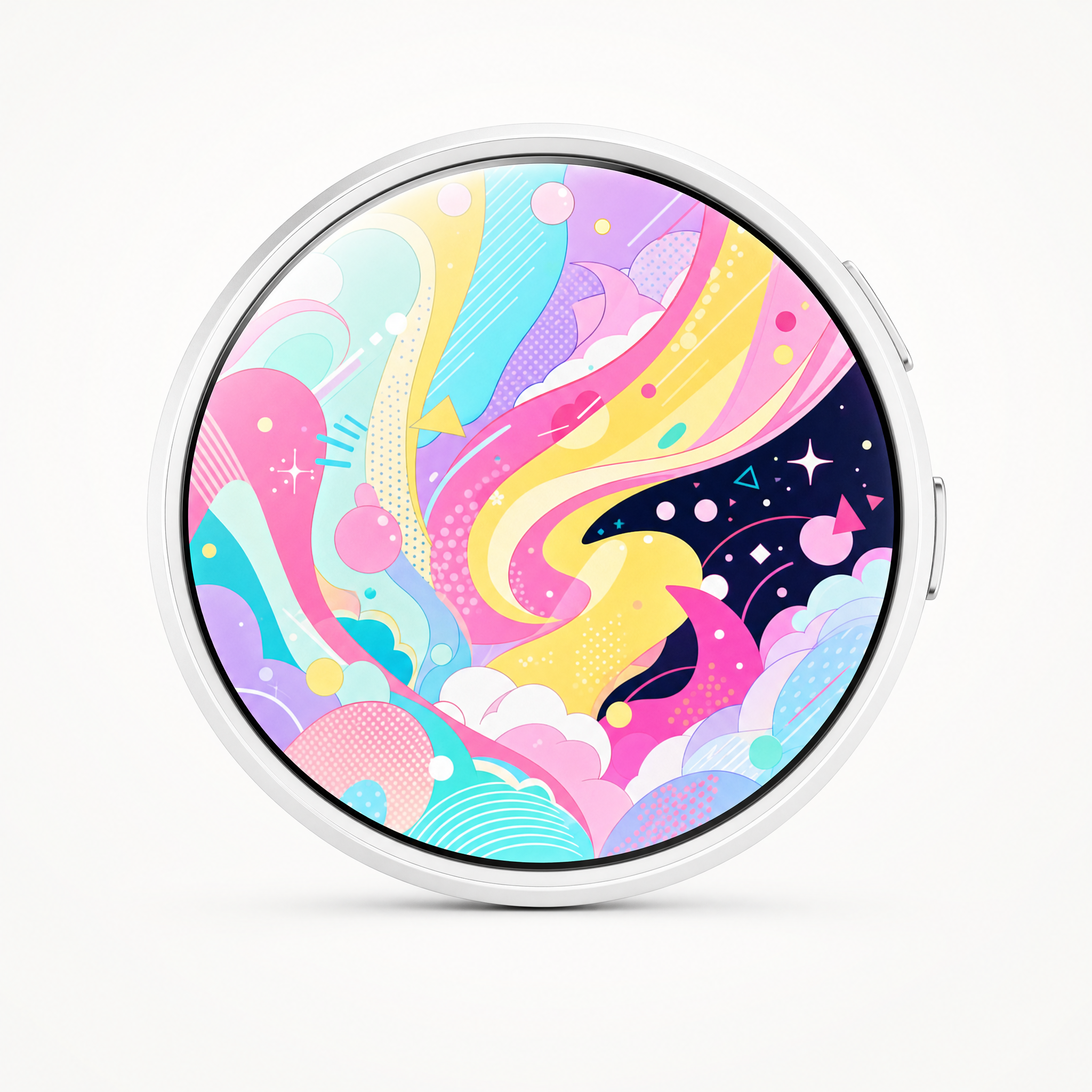 Pixiepin touchscreen digital badge with an active colorful round display