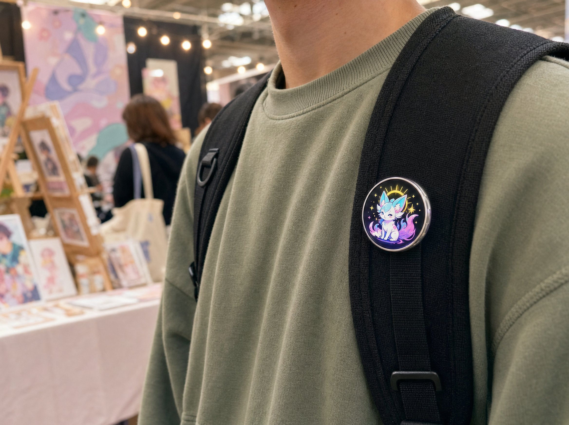Pixiepin digital badge attached to a backpack at a creative event